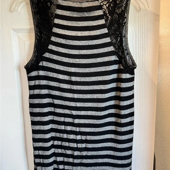 Miss Me Gray and Black Striped Rhinestone Lace Tank Top - Picture 6 of 7